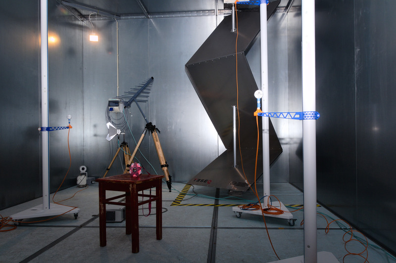 TU Dresden’s Reverberation Chamber. The Mode Stirrer is the sheet metal structure shown in the images right part